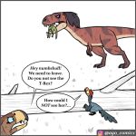  1:1 dialogue dinosaur dromaeosaurid english_text feral hunting instagram outside pet_foolery reptile roxy_the_t-rex scalie size_difference terrorbird text theropod tree twig_the_velociraptor tyrannosaurid tyrannosaurus tyrannosaurus_rex velociraptor 