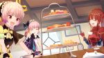  385oo 3girls atelier_(series) atelier_lydie_&amp;_suelle belt bow bowtie capelet closed_eyes cousins cup curtains eating food gloves hairband highres long_hair lucia_borthayre lydie_marlen multiple_girls open_mouth pink_eyes pink_hair red_hair sandwich siblings side_ponytail sisters suelle_marlen sweets teacup twintails upper_body window 