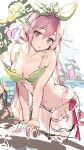  1girl bikini breasts cleavage hair_between_eyes head_tilt highres leaf_bikini long_hair medium_breasts navel original pink_hair pointy_ears sketch solo swimsuit umibouzu_(niito) v_arms yellow_eyes 