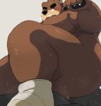  2019 absurd_res anthro belly bhtoss blush bodily_fluids brown_fur butt duo facesitting fur hi_res humanoid_hands male mammal moobs nipples overweight overweight_male simple_background sweat ursid 