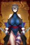 1girl absurdres bare_shoulders black_hair blade blue_eyes blue_gloves bodysuit bow breasts cameltoe covered_nipples curvy dual_wielding elbow_gloves gloves hero_(do-belman) heterochromia highres holding huge_breasts huge_filesize looking_at_viewer purple_bow red_eyes samurai_spirits shiki_(samurai_spirits) short_hair solo standing tattoo thick_thighs thighs 