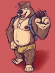  2019 anthro banjo-kazooie banjo_(banjo-kazooie) belly bottomwear brown_fur bulge clothing fur humanoid_hands male mammal minedoo moobs navel nipples overweight overweight_male rareware red_background shorts simple_background solo ursid video_games 