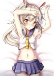  1girl :o anchor_symbol arlly_radithia armpits arms_up ayanami_(azur_lane) azur_lane bangs bare_arms bare_shoulders bed_sheet blue_sailor_collar blue_sky blush commentary_request cowboy_shot eyebrows_visible_through_hair grey_hair hair_between_eyes headgear high_ponytail highres long_hair lying midriff navel on_back parted_lips pleated_skirt ponytail red_eyes sailor_collar shirt skirt sky sleeveless sleeveless_shirt solo thigh_gap very_long_hair white_shirt yellow_neckwear 