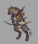  2019 amber_eyes angry anthro armor arrow bow_(weapon) claws clothed clothing digitigrade dungeons_and_dragons gnoll hi_res holding_object holding_weapon hyaenid jewelry knife looking_at_viewer male mammal necklace ranged_weapon simple_background solo spotted_hyena standing thelivingtrashcan toe_claws weapon 