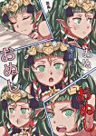  1girl absurdres braid closed_eyes closed_mouth fire_emblem fire_emblem:_three_houses green_eyes green_hair hair_ornament highres hikaru_no_yuska long_hair manakete multiple_views open_mouth pointing pointy_ears pout sleeping smile sothis_(fire_emblem) tiara twin_braids 