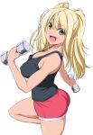  1girl ass bare_shoulders black_shirt blonde_hair blush breasts commentary_request danberu_nan_kiro_moteru? dark_skin dumbbell exercise eyebrows_visible_through_hair eyes_visible_through_hair green_eyes gym_shorts highres large_breasts long_hair looking_at_viewer nori_tamago open_mouth red_shorts sakura_hibiki_(danberu_nan_kiro_moteru?) shirt shorts sideboob simple_background smile solo tank_top thighs twintails weightlifting white_background 