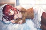  1girl album_cover bed blue_eyes bra breasts brown_hair brown_legwear brown_sweater cleavage copyright_request cover curtains feet_out_of_frame indoors long_hair looking_at_viewer lying medium_breasts official_art on_bed on_side pantyhose pillow skirt sweater tongue tongue_out underwear vesper_(pixiv3568) white_skirt window 