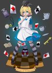  1girl absurdres alice_(wonderland) alice_in_wonderland apron arm_behind_back bar_censor black_background black_footwear black_legwear black_ribbon blonde_hair blue_dress blue_eyes book bow card censored character_name checkered checkered_floor club_(shape) collared_dress commentary cup diamond_(shape) dress english_commentary english_text finger_to_mouth hair_ribbon heart highres key large_bow looking_at_viewer manami_tomo mary_janes medium_dress playing_card pocket_watch puffy_short_sleeves puffy_sleeves ribbon saucer shoes short_hair short_sleeves shushing spade_(shape) standing striped striped_legwear teacup teapot thighhighs watch white_apron white_rabbit wind zettai_ryouiki 