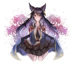  1girl bags_under_eyes bangs black_hair boba crying crying_with_eyes_open ear_piercing erune flower granblue_fantasy hands_clasped highres kneeling long_hair looking_at_viewer nier_(granblue_fantasy) own_hands_together piercing red_eyes robe sad scrunchie simple_background solo spider_lily tears very_long_hair wide_sleeves wrist_scrunchie 