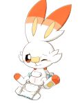  anthro blush bodily_fluids cub diaper female hi_res lagomorph looking_at_viewer mammal nintendo one_eye_closed pok&eacute;mon pok&eacute;mon_(species) pussy rokesys scorbunny semi-anthro simple_background solo spread_legs spreading sweat video_games white_background young 
