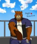  black_bear black_nose bottomwear brown_fur candy clothed clothing cloud food fur hi_res holidays juuichi_mikazuki male mammal moon_bear morenatsu outside sky solo tan_fur topwear ursid ursine valentine&#039;s_day warr 