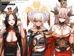  3girls :o ;d ahoge animal_ear_fluff animal_ears azur_lane bangs black_hair black_kimono black_skirt braid breast_envy breasts brown_eyes brown_hair cleavage collar commentary dark_skin detached_collar dishwasher1910 double_bun english_commentary eyebrows_visible_through_hair fingernails forehead grey_eyes hair_between_eyes headpiece holding holding_pipe japanese_clothes jewelry kimono kiseru large_breasts long_hair multiple_girls nail_polish obi off_shoulder one_eye_closed open_mouth original parted_bangs parted_lips paw_pose personification pipe pleated_skirt red_collar red_eyes red_kimono red_nails ring sash skirt smile white_hair white_kimono 