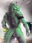  2019 alligator alligatorid anthro butt by-nc-nd creative_commons crocodilian digital_media_(artwork) hi_res looking_at_viewer male muscular muscular_male nude obfuscator paul_webster rear_view reptile scalie shower smile solo spikes standing 