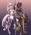  2019 anthro black_fur blue_eyes butt butt_pose clothed clothing duo equid fingers fur hair hooves horn male mammal pole simple_background skimpy standing thong unicorn vashaa white_hair 