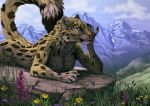  2018 anthro blue_eyes cloud day detailed detailed_background digital_media_(artwork) felid female flower fur grass hand_on_face looking_at_viewer lying mammal meadow mountain nature nude outside pantherine pink_nose plant raised_tail rock shiroashi sky snow_leopard solo tree whiskers 