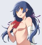  1girl bandaged_arm bandages blue_hair body_blush book breasts brown_eyes eyebrows_visible_through_hair fingernails hair_ribbon highres holding holding_book kanbaru_suruga long_hair looking_at_viewer medium_breasts monogatari_(series) nail_polish nipples nude open_mouth pink_nails purple_ribbon ribbon simple_background solo twintails upper_body yamanami_kousuke 