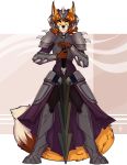  2019 5_fingers anthro armor brown_nose canid canine digital_media_(artwork) eyebrows eyelashes female fingers firetally fox fur hi_res holding_object holding_sword holding_weapon mammal melee_weapon orange_fur solo standing sword weapon 