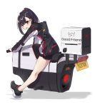  1girl bag bare_legs black_footwear black_hair black_shorts boyshorts hair_ornament highres hover_bike jacket long_hair long_sleeves looking_at_viewer looking_back open_mouth original ranyu red_eyes riding shoes short_shorts shorts solo thighs 