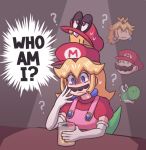  1girl ? ayyk92 confused cup drinking_glass elbow_gloves empty_eyes facial_hair gloves mario mario_(series) mustache new_super_mario_bros._u_deluxe overalls pink_overalls princess_peach sitting stacked_hats super_crown super_mario_64 super_mario_odyssey sweat sweating_profusely yoshi 