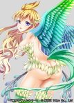  1girl ass back bird_wings breasts fantasy feathered_wings feathers hakuda_tofu harpy head_feathers highres looking_back monster_girl no_panties official_art shinkai_no_valkyrie solo tail_feathers wings 