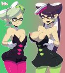  2019 animal_humanoid areola bigdead93 breast_size_difference breasts callie_(splatoon) cephalopod cephalopod_humanoid clothed clothing duo ear_piercing ear_ring facial_markings fangs female gloves gradient_background handwear head_markings hi_res humanoid humanoid_pointy_ears inkling marie_(splatoon) marine marine_humanoid markings mask_(marking) mollusk mollusk_humanoid nintendo open_mouth piercing pseudo_hair simple_background splatoon squid_sisters_(splatoon) tentacle_hair tentacles video_games yellow_eyes 