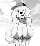  anthro big_breasts blush breasts canid canine canis clothed clothing domestic_dog female hat headgear headwear heckdemon huge_breasts looking_at_viewer mammal one_eye_closed open_mouth open_smile smile solo wink 