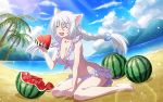  1girl ^_^ ^o^ animal_ears arm_up bangs bare_legs barefoot beach bikini black_hanekawa blue_sky braid cat_ears closed_eyes coconut_tree collarbone eating food frilled_bikini frills fruit hair_between_eyes hanekawa_tsubasa holding holding_food lens_flare long_hair monogatari_(series) monogatari_series_puc_puc official_art open_mouth palm_tree sitting sky swimsuit tree twin_braids wariza watanabe_akio watermelon white_bikini white_hair 