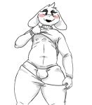  2019 anthro asriel_dreemurr big_ears biped black_eyes blush boss_monster bovid bulge caprine clothing digital_media_(artwork) fur girly goat hair half-closed_eyes head_tuft light_fur long_ears looking_at_viewer male mammal pale_fur presenting repairbueno simple_background smile solo standing thong tuft undertale undressing video_games white_background white_fur wide_hips young 