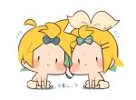  1boy 1girl :i ahoge bangs_pinned_back barefoot blonde_hair bloomers blush_stickers bow chibi commentary_request full_body hair_bow hair_ornament hairclip kagamine_len kagamine_rin kitsune_no_ko looking_at_viewer shirtless short_hair side-by-side simple_background sitting striped striped_bow symmetrical_pose topless underwear underwear_only vocaloid white_background white_bow 