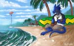  2019 4_toes 5_fingers anthro barefoot beach blue_scales clothed clothing day detailed_background dragon fingers flashw green_eyes male outside sand scales seaside shoreline sitting sky solo spines toes water wingless_dragon 