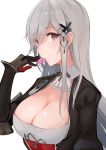  1girl azur_lane bangs breasts butterfly_hair_ornament cleavage commentary corset detached_collar dunkerque_(azur_lane) eating eyebrows_visible_through_hair eyes_visible_through_hair food from_side gloves grey_hair hair_ornament hair_over_one_eye large_breasts long_hair long_sleeves looking_at_viewer macaron mappaninatta red_eyes sidelocks simple_background solo sweets white_background 