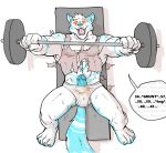 2019 4_toes 5_fingers anthro balls biceps blue_penis briefs canid canine canis clothing dumbbell english_text erection exercise fingers growth hi_res humanoid_penis hyenaface hypnosis lying male mammal mind_control muscle_growth muscular muscular_male nivv_(pmd433) on_back open_mouth pecs penis perspective ringed_eyes shirt smile solo speech_bubble submissive_male tank_top text toes topwear torn_clothing underwear weight_bench weights white_balls wolf 