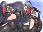  1girl absurdres armor ass ass_focus backless_outfit black_panties black_pants covered_eyes dagger from_behind gacchu grey_hair highres hip_vent mask mask_on_head monster_hunter monster_hunter:_world multiple_views odogaron_(armor) open_mouth panties pants pauldrons shoulder_armor skin_tight spread_legs stained_clothes underwear weapon 