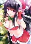  1girl absurdres bare_arms bare_shoulders black_hair black_legwear blurry blush bokeh bow bowtie breasts christmas christmas_tree cleavage crop_top depth_of_field fingerless_gloves fur_trim gloves green_neckwear hand_up hat highres kujou_danbo leaning_forward long_hair looking_at_viewer medium_breasts midriff miniskirt navel open_mouth original pantyhose pink_bow purple_eyes red_gloves red_headwear red_skirt santa_hat scan sidelocks skirt sleeveless snowflakes solo standing star stomach sweat very_long_hair 