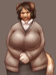  340m/sec anthro big_breasts blush bottomwear breasts brown_background brown_eyes brown_fur brown_hair canid canine clothed clothing eyewear female fur glasses hair hi_res huge_breasts mammal mature_female simple_background skirt slightly_chubby solo sweater topwear voluptuous wide_hips 