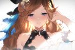  1girl bare_shoulders blue_eyes brown_hair doushite granblue_fantasy hairband hand_in_hair light long_hair portrait sara_(granblue_fantasy) smile 