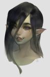  2019 black_hair blue_eyes bust_portrait female green_skin hair hi_res humanoid humanoid_pointy_ears mole_(marking) nat_the_lich not_furry ogre portrait simple_background smile solo tusks white_background 