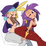  2019 bard-bot blonde_hair blue_eyes blush breasts cape clothing colored_sketch duo female female/female genie hair hi_res human humanoid humanoid_pointy_ears long_hair mammal not_furry one_eye_closed open_mouth purple_hair shantae shantae_(series) sitting sky_(shantae) video_games wayforward wink 