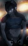  andromorph athletic bar blackhair blue_eyes bottomwear canid canine canis city claws clothing domestic_dog eyewear fangs glasses hi_res husky intersex invalid_tag jeans kiloart male mammal nordic_sled_dog pants pecs public pussy spitz tangtop text undressed 