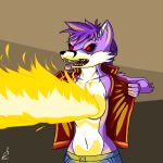  1:1 2014 anthro breasts canid canine clothed clothing digital_media_(artwork) fire flash fox hi_res mammal prdarkfox standing teeth topless 