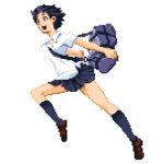  1girl bag black_hair black_legwear black_skirt bookbag brown_eyes brown_footwear brown_hair full_body kneehighs konno_makoto open_mouth pixel_art pixelflag running school_uniform shirt shoes short_hair simple_background skirt smile solo toki_wo_kakeru_shoujo white_background white_shirt 