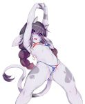  2019 anthro bikini black_hair bovid bovine cattle clothed clothing female flat_chested hair hi_res holstein_friesian_cattle horn humanoid_face mammal midriff purple_eyes raised_arm simple_background slugbox small_moo spread_legs spreading swimwear united_states_of_america young 