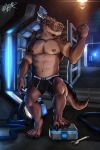  2019 anthro brown_body by-nc-nd clothed clothing creative_commons detailed_background digital_media_(artwork) dragon drake_terrys ear_piercing facial_piercing hi_res horn looking_at_viewer male muscular muscular_male nipple_piercing nipples nose_piercing obfuscator panties piercing reptile scalie smile solo space spacecraft standing teeth toes underwear vehicle yellow_eyes 