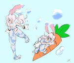  2019 animal_humanoid blue_fur blush breasts bubble butt carrot clothing digital_media_(artwork) female food fur garbogallery gloves green_eyes hair handwear hi_res humanoid lagomorph lagomorph_humanoid leporid leporid_humanoid looking_at_viewer mammal mammal_humanoid multicolored_fur navel pawpads paws plant rabbit rabbit_humanoid simple_background small_breasts smile solo two_tone_fur usawa_fuwakaru vegetable white_fur young 