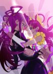  2girls back black_gloves black_skirt closed_mouth cowboy_shot cure_dream dark_cure_(yes!_precure_5) dark_dream earrings fingerless_gloves gloves hair_rings highres jewelry long_hair looking_at_another magical_girl midriff multiple_girls navel parted_lips pink_eyes pink_hair precure purple_eyes short_sleeves skirt smile tied_hair umeno_ryuuji white_skirt yes!_precure_5 yumehara_nozomi 