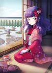  1girl bangs blue_sky blunt_bangs bow bush cup day full_body gloves hair_bow hand_up indoors japanese_clothes ootori_chacha path purple_eyes purple_hair red_bow seiza sitting sky sliding_doors solo stone_lantern tatami teacup teapot tokyo_7th_sisters tray umi_kamome white_gloves 