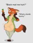  2019 anthro belly big_belly canid canine clothed clothing da~blueguy dipstick_tail disney english_text fox fur green_eyes judy_hopps lagomorph leporid male mammal multicolored_tail nick_wilde oral_vore orange_fur post_vore rabbit smile text vore zootopia 
