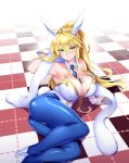 1girl absurdres animal_ears artoria_pendragon_(all) artoria_pendragon_(swimsuit_ruler)_(fate) ass bangs bare_shoulders between_breasts blonde_hair blue_legwear blue_neckwear blush braid breasts bunny_ears bunny_tail bunnysuit card checkered checkered_floor cleavage closed_mouth detached_collar fate/grand_order fate_(series) fishnet_pantyhose fishnets french_braid green_eyes hair_between_eyes highres large_breasts leotard long_hair looking_at_viewer navel navel_cutout necktie oohira_sunset pantyhose playing_card ponytail sidelocks smile solo tail thighs tiara white_leotard wrist_cuffs 