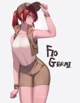  1girl artist_name bangs bracelet brown_eyes brown_pants brown_shirt brown_vest character_name clenched_hand collared_shirt fio_germi glasses hat highres hikareki jewelry metal_slug neo_geo pants ponytail red_hair shirt shirt_tucked_in shorts simple_background snk thighs vest watermark white_background white_shirt 