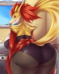  2019 anthro big_breasts big_butt blush breasts butt butt_focus canid canine clothing delphox female hi_res huge_breasts huge_butt huge_thighs kitchen lingerie looking_back mammal mature_female mleonheart nintendo pok&eacute;mon pok&eacute;mon_(species) raised_tail red_eyes smile solo stove thick_thighs tongue video_games 